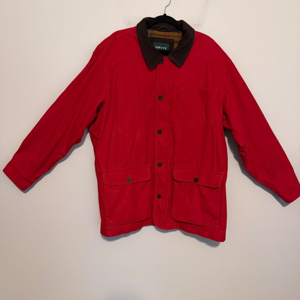 Orvis Classic Barn Chore Coat XXL Red Canvas Plaid Lined Corduroy Collar jacket